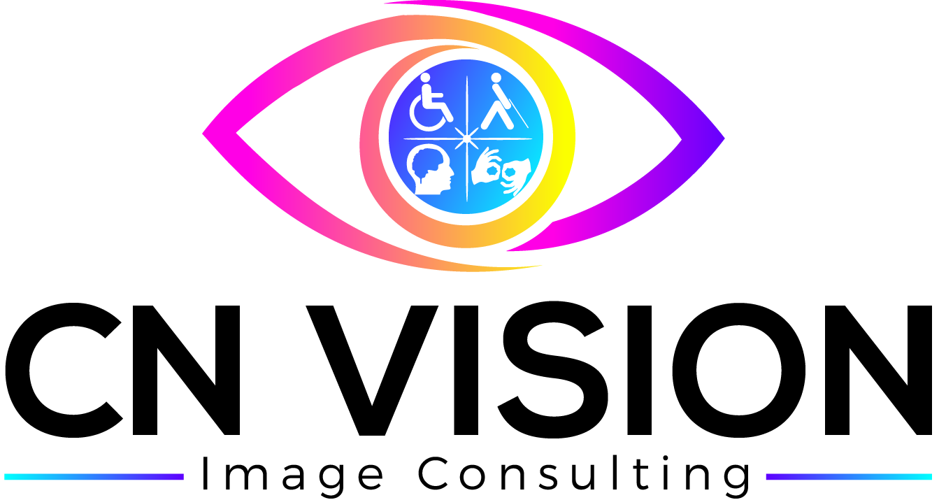 Logo for CN Vision Image Consulting. A stylized eye outlined in a gradient of pink, orange, yellow, and purple surrounds a blue circle with four white disability icons: a wheelchair user, a person with a cane, a profile of a head, and hands signing in ASL. Below the eye is the company name in black text.